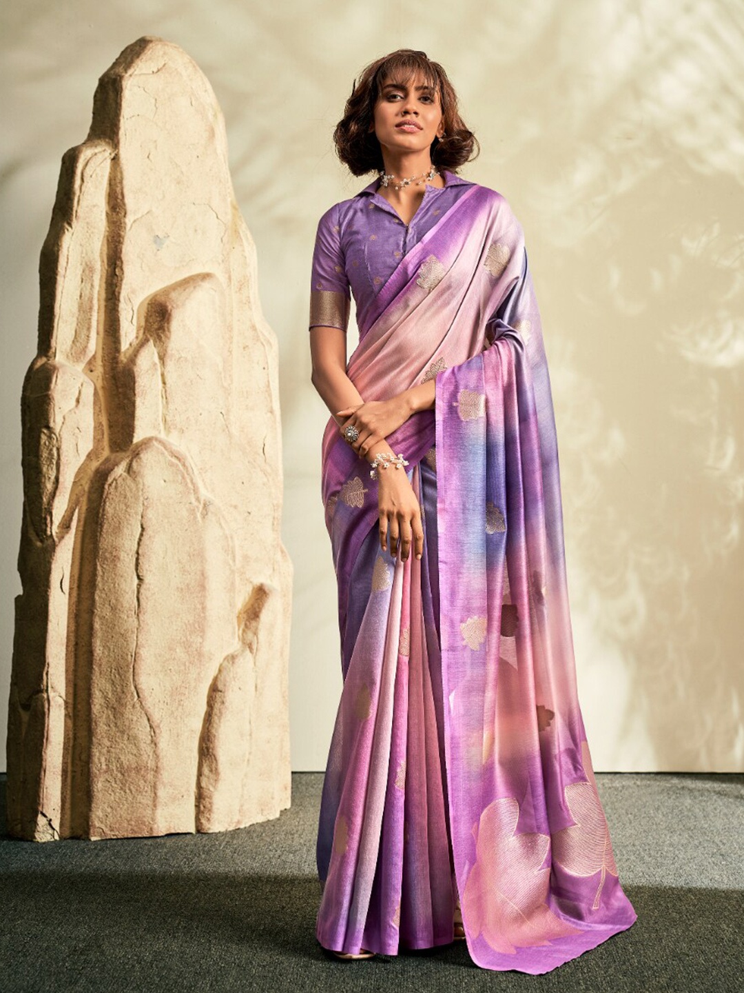 

NK Textiles Floral Woven Design Zari Maheshwari Saree, Lavender