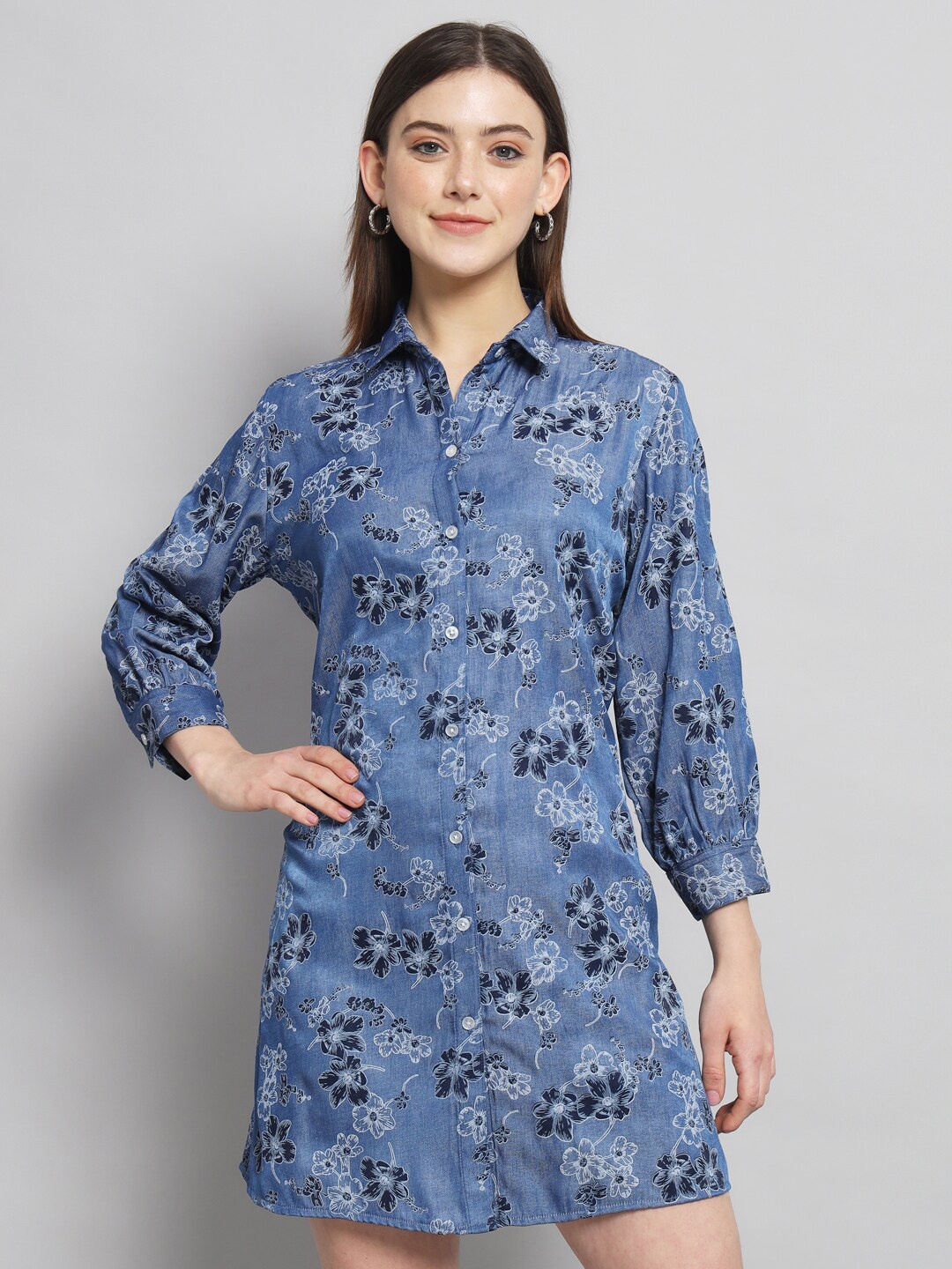 

RAER Floral Printed Cotton Shirt Dress, Blue