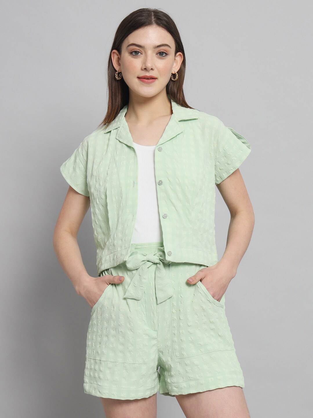 

RAER Self Design Shirt Collar Neck Shirt & Flared Shorts Co-Ords, Green