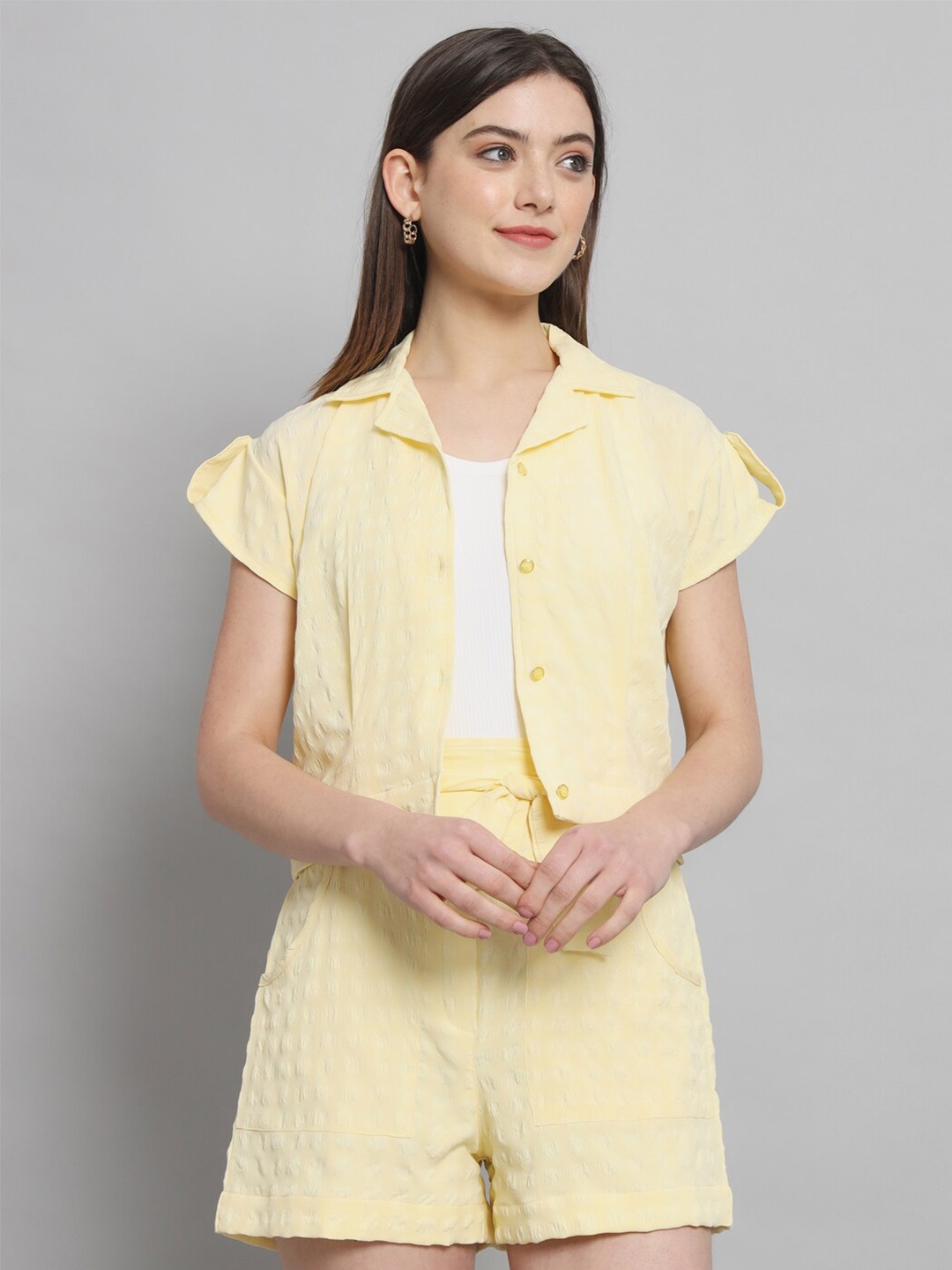 

RAER Self Design Shirt Collar Neck Shirt & Flared Shorts Co-Ords, Yellow