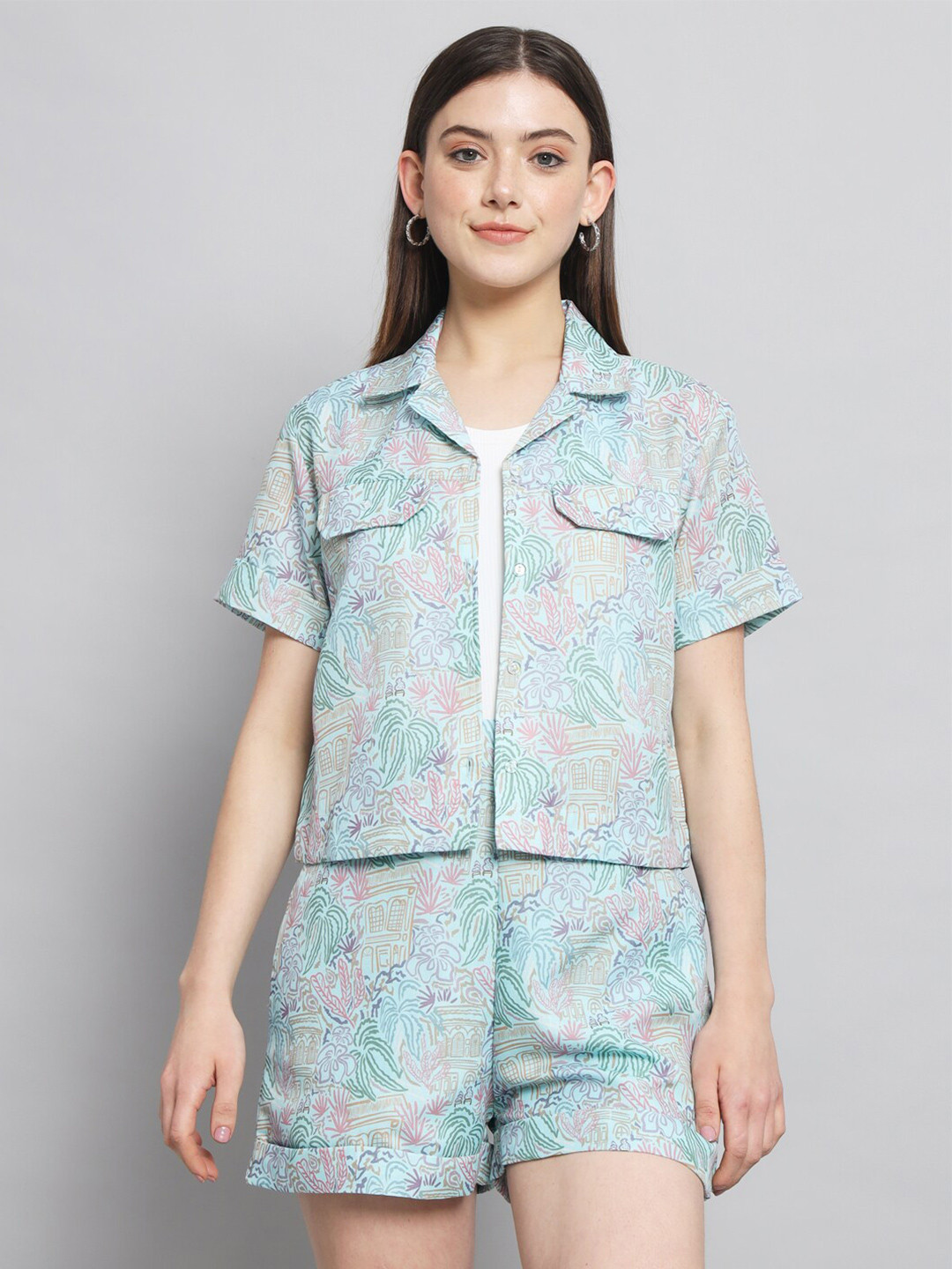 

RAER Printed Shirt Collar Neck Shirt & Flared Shorts Co-Ords, Blue