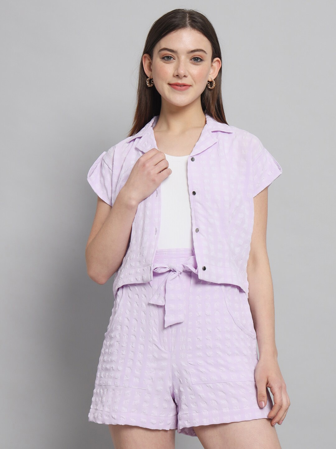 

RAER Self Design Shirt Collar Neck Shirt & Flared Shorts Co-Ords, Purple