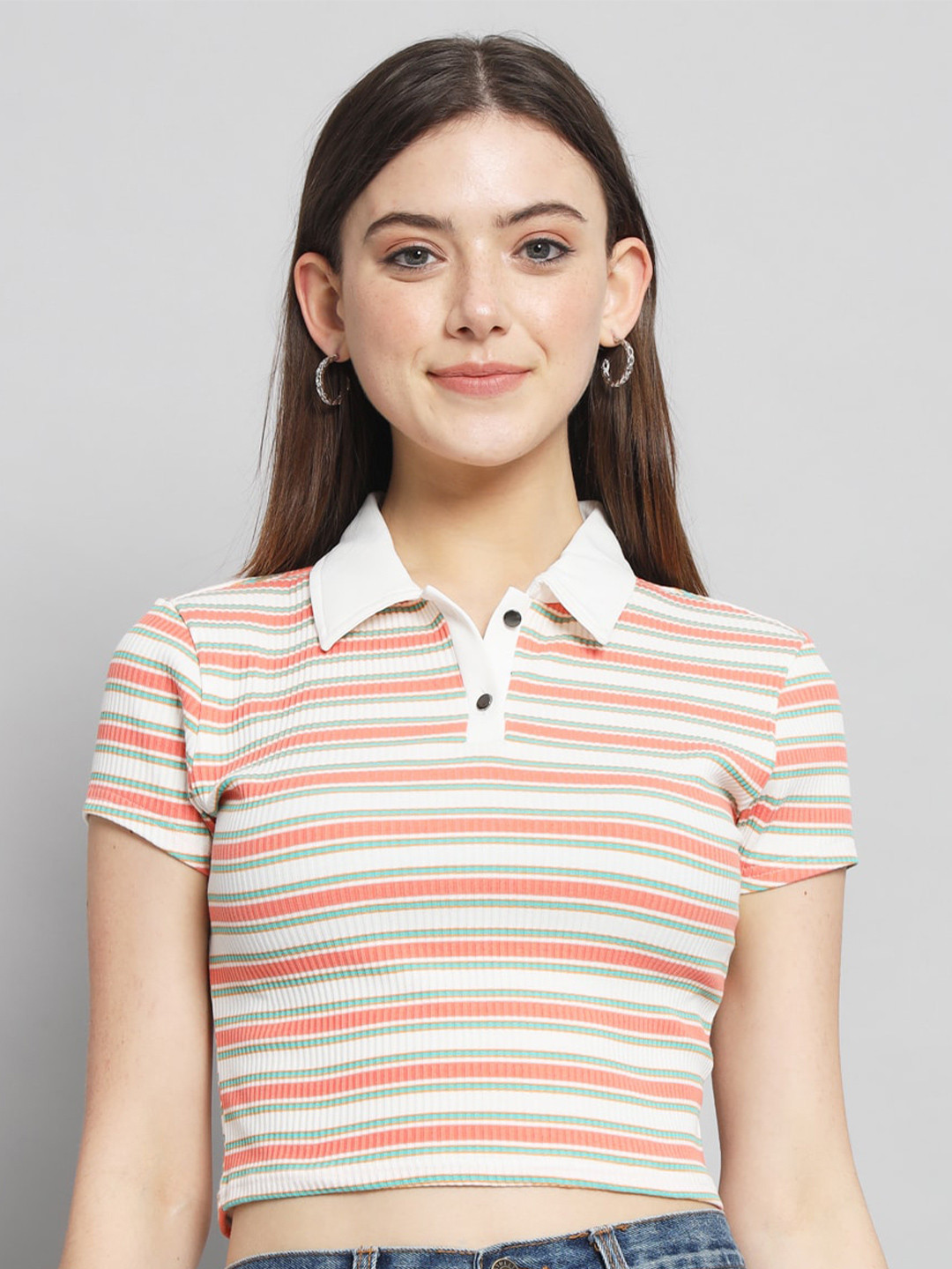 

RAER Polo Collar Short Sleeves Striped Cotton Shirt Style Crop Top, Pink