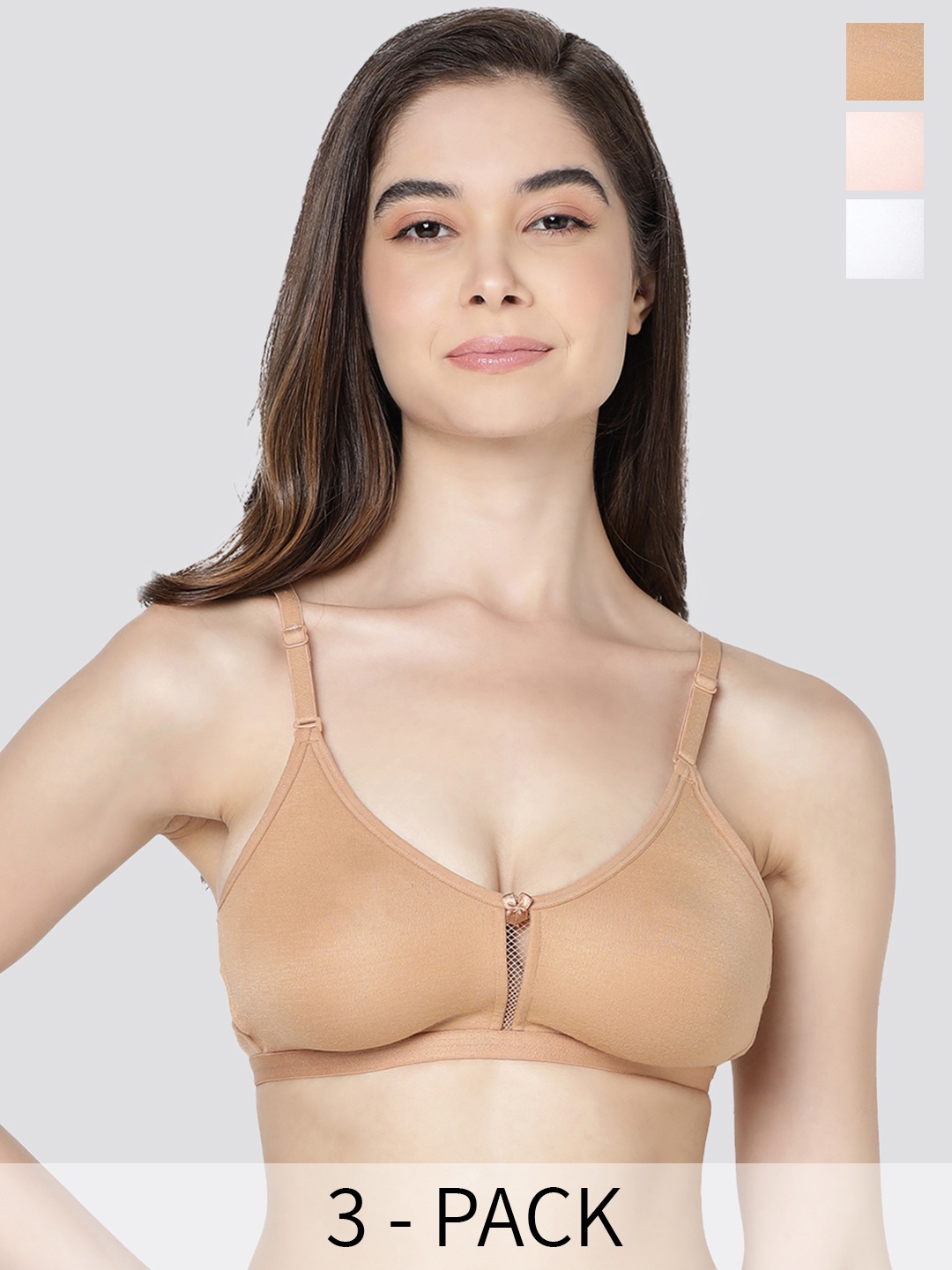 

Kalyani Gloria Pack of 3 Non Padded Seamless Bra CML-WHT-PCH, Camel brown