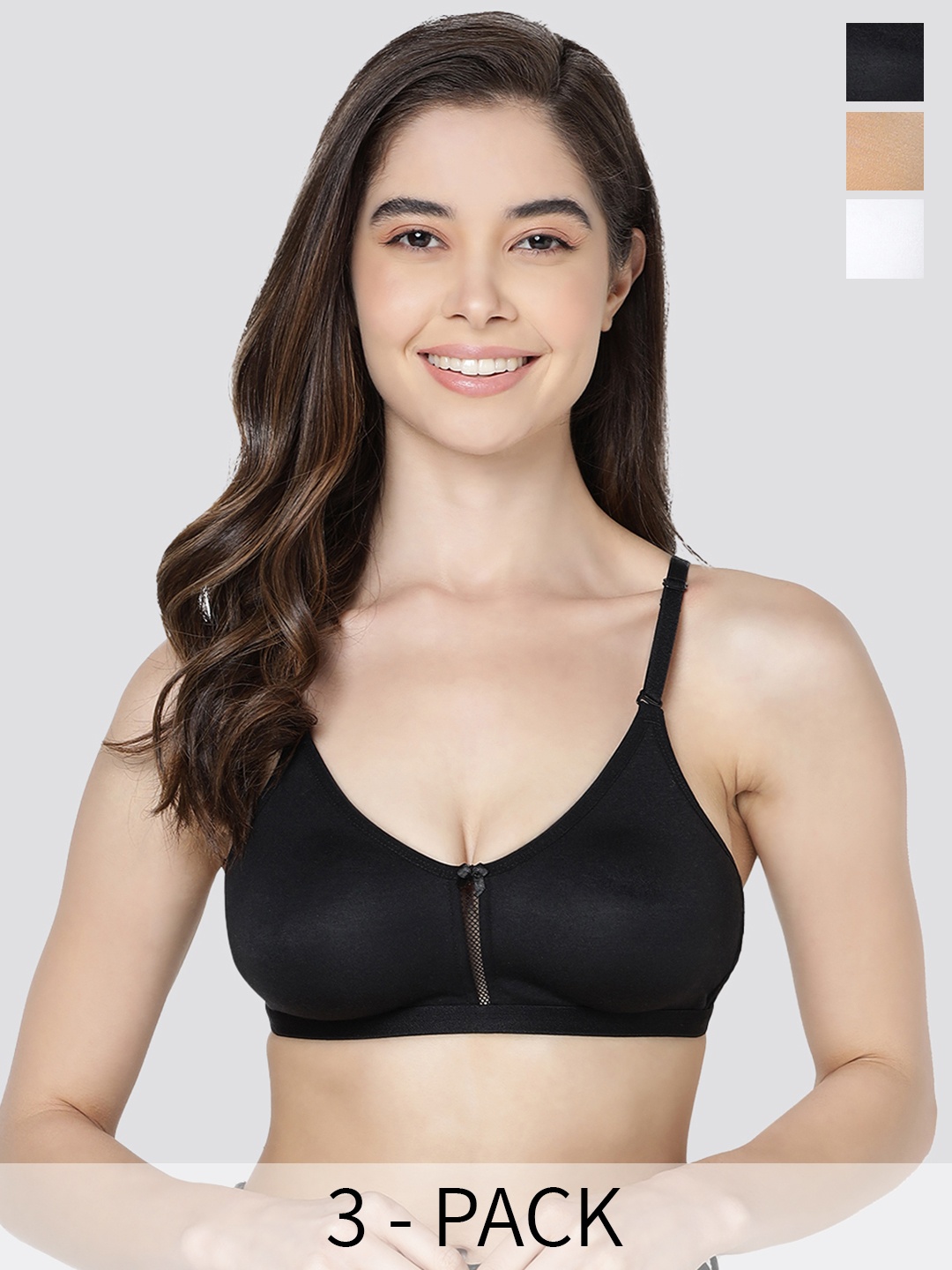 

Kalyani Gloria Pack of 3 Non Padded Seamless Bra BLK-CML-WHT, Black