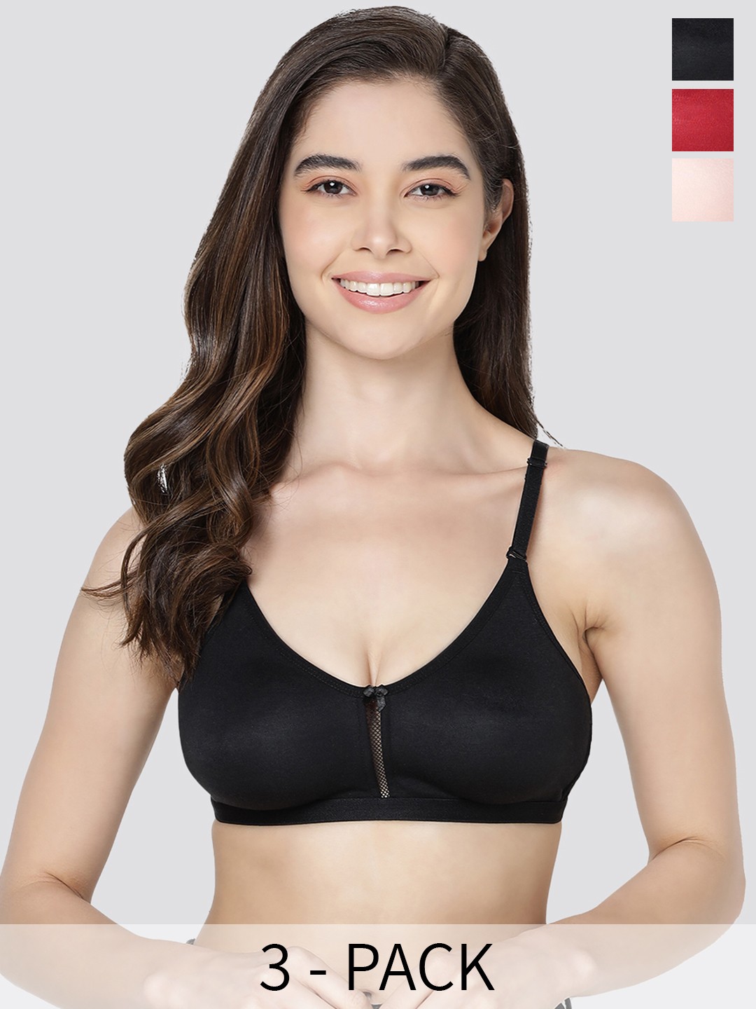 

Kalyani Gloria Pack of 3 Non Padded Seamless Bra BLK-PCH-MRN, Black