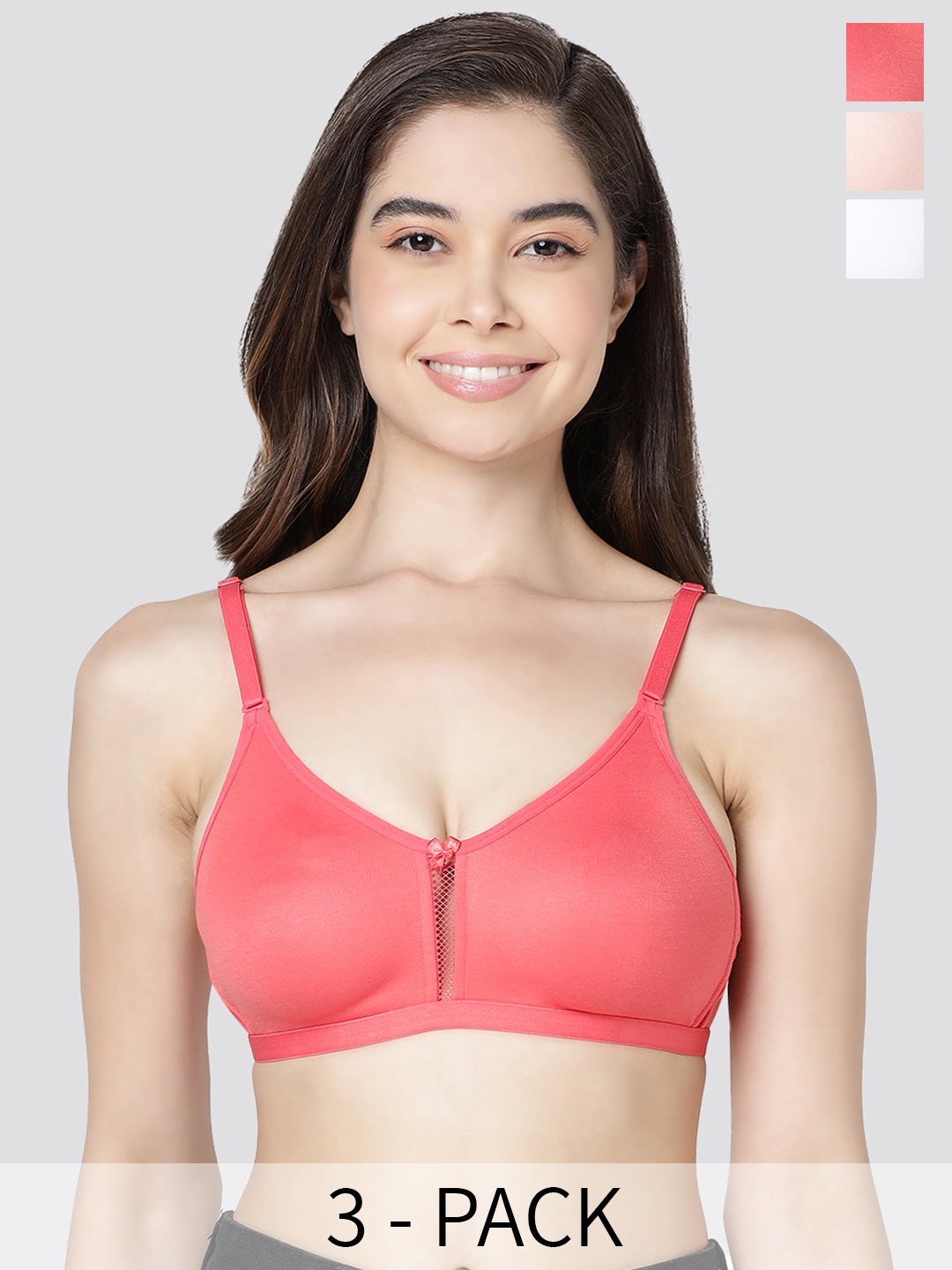 

Kalyani Gloria Pack of 3 Non Padded Seamless Bra WHT-PCH-HPNK, White