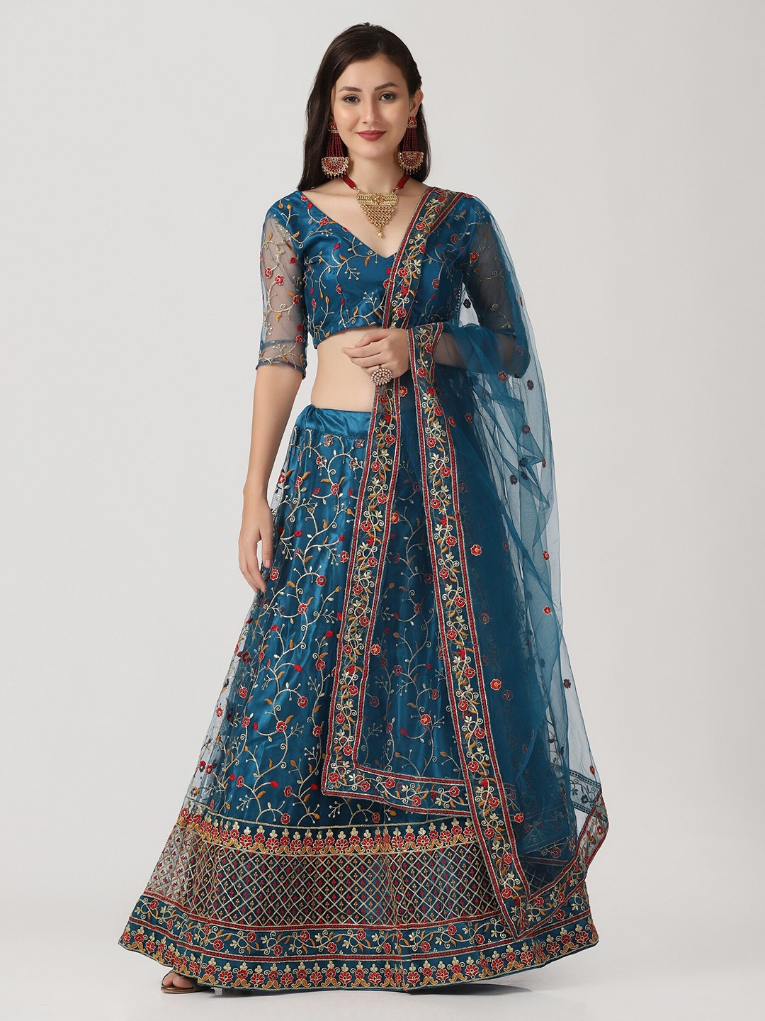 

KALINI Embroidered Thread Work Semi-Stitched Lehenga & Unstitched Blouse With Dupatta, Blue