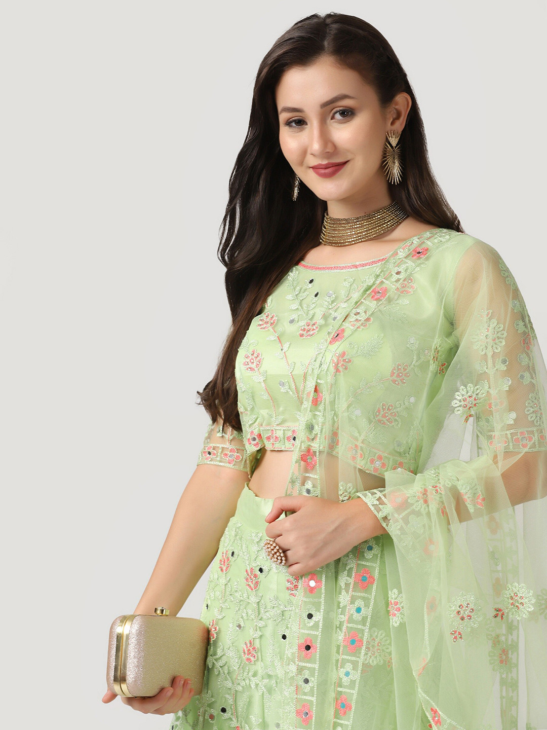 

KALINI Embroidered Thread Work Semi-Stitched Lehenga & Unstitched Blouse With Dupatta, Green
