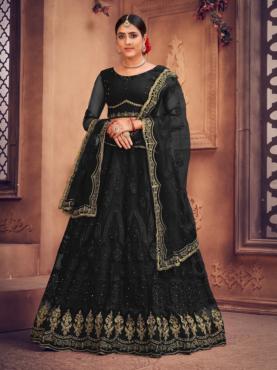 

KALINI Embroidered Thread Work Semi-Stitched Lehenga & Unstitched Blouse With Dupatta, Black