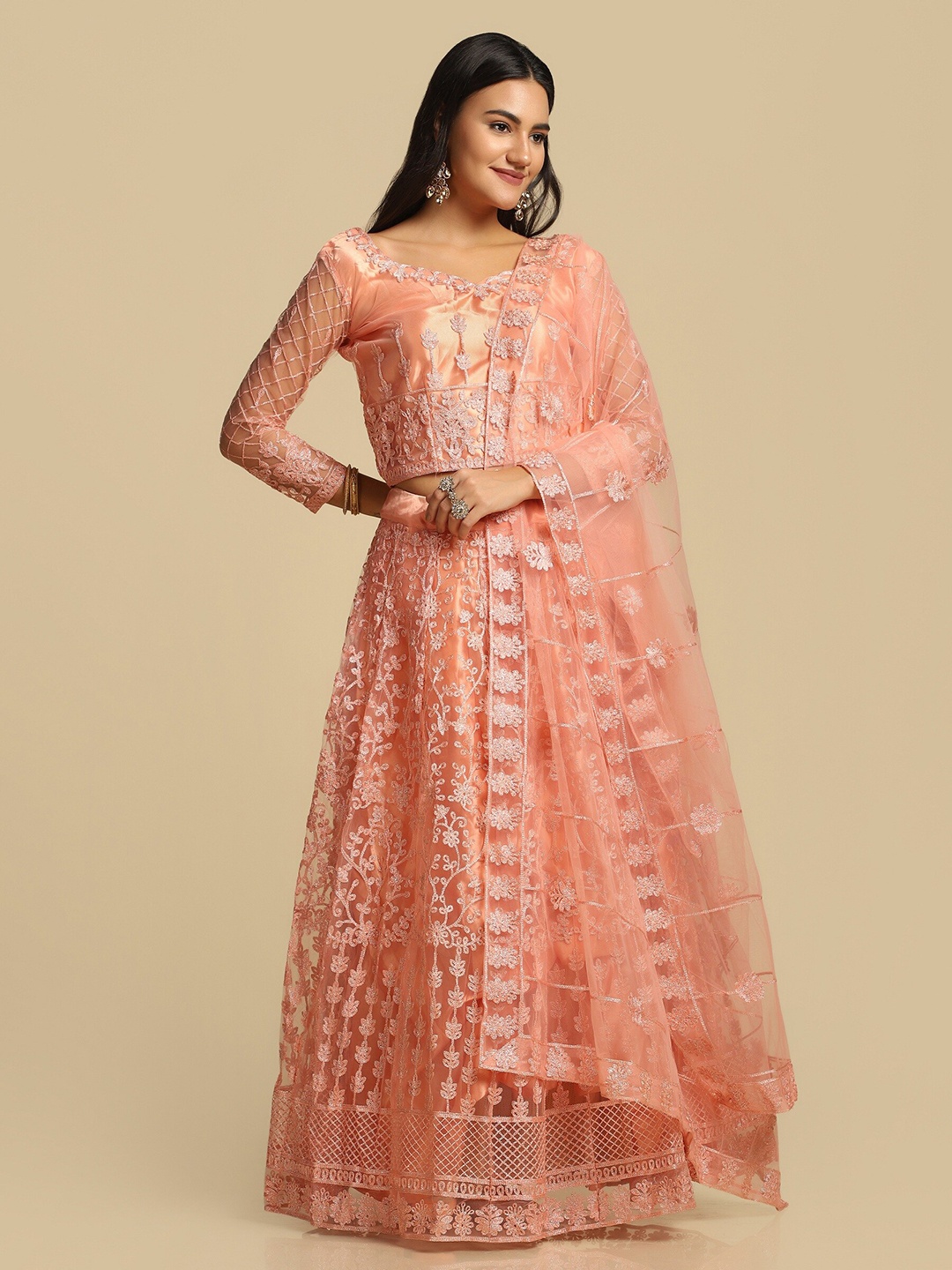 

KALINI Embroidered Thread Work Semi-Stitched Lehenga & Unstitched Blouse With Dupatta, Peach