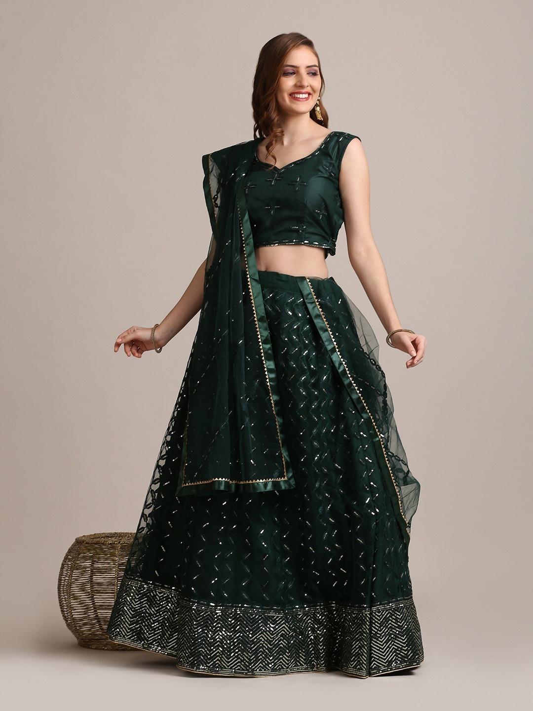 

KALINI Embellished Semi-Stitched Lehenga & Unstitched Blouse With Dupatta, Green