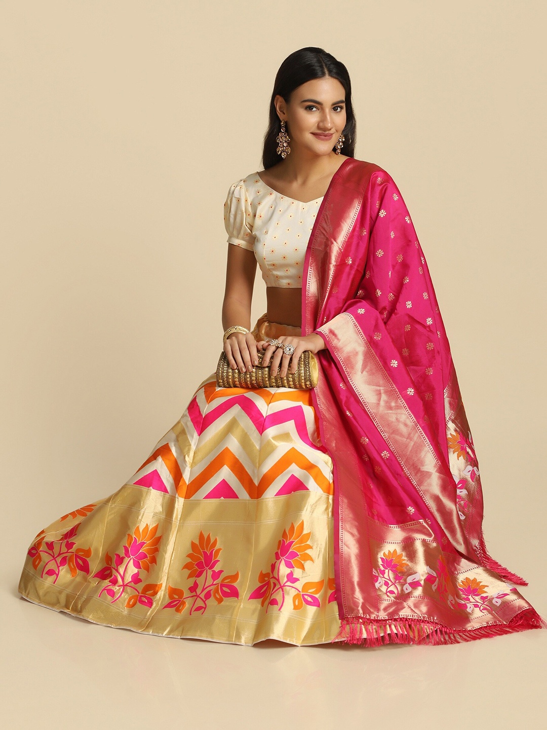 

KALINI Woven Design Semi-Stitched Lehenga & Unstitched Blouse With Dupatta, White
