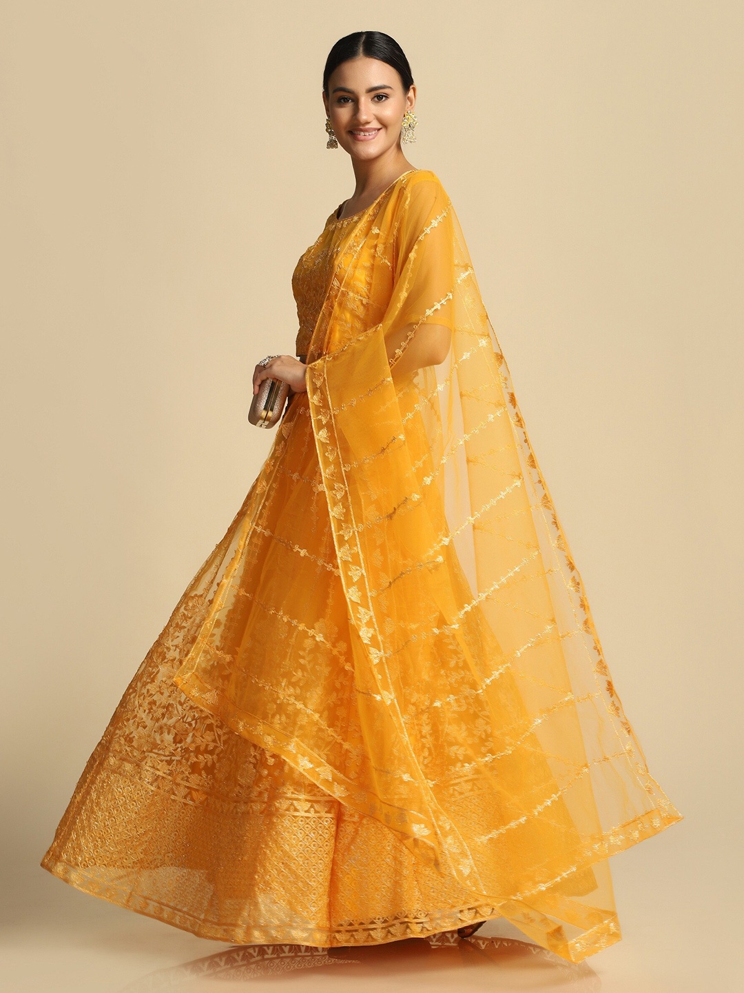 KALINI Embroidered Thread Work Semi-Stitched Lehenga & Unstitched Blouse With Dupatta, Yellow