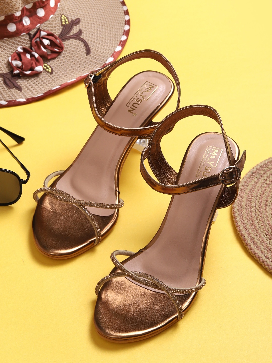 

Maysun Embellished Open Toe Backstrap Block Heels, Copper