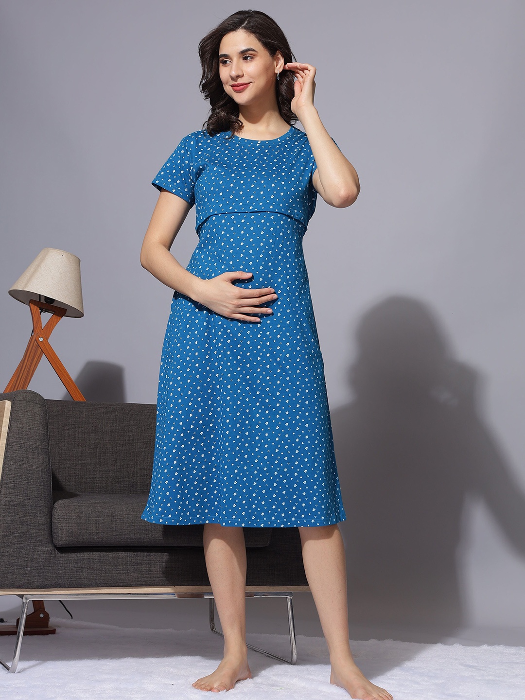 

9shines Label Floral Printed Pure Cotton Maternity Nightdress, Blue