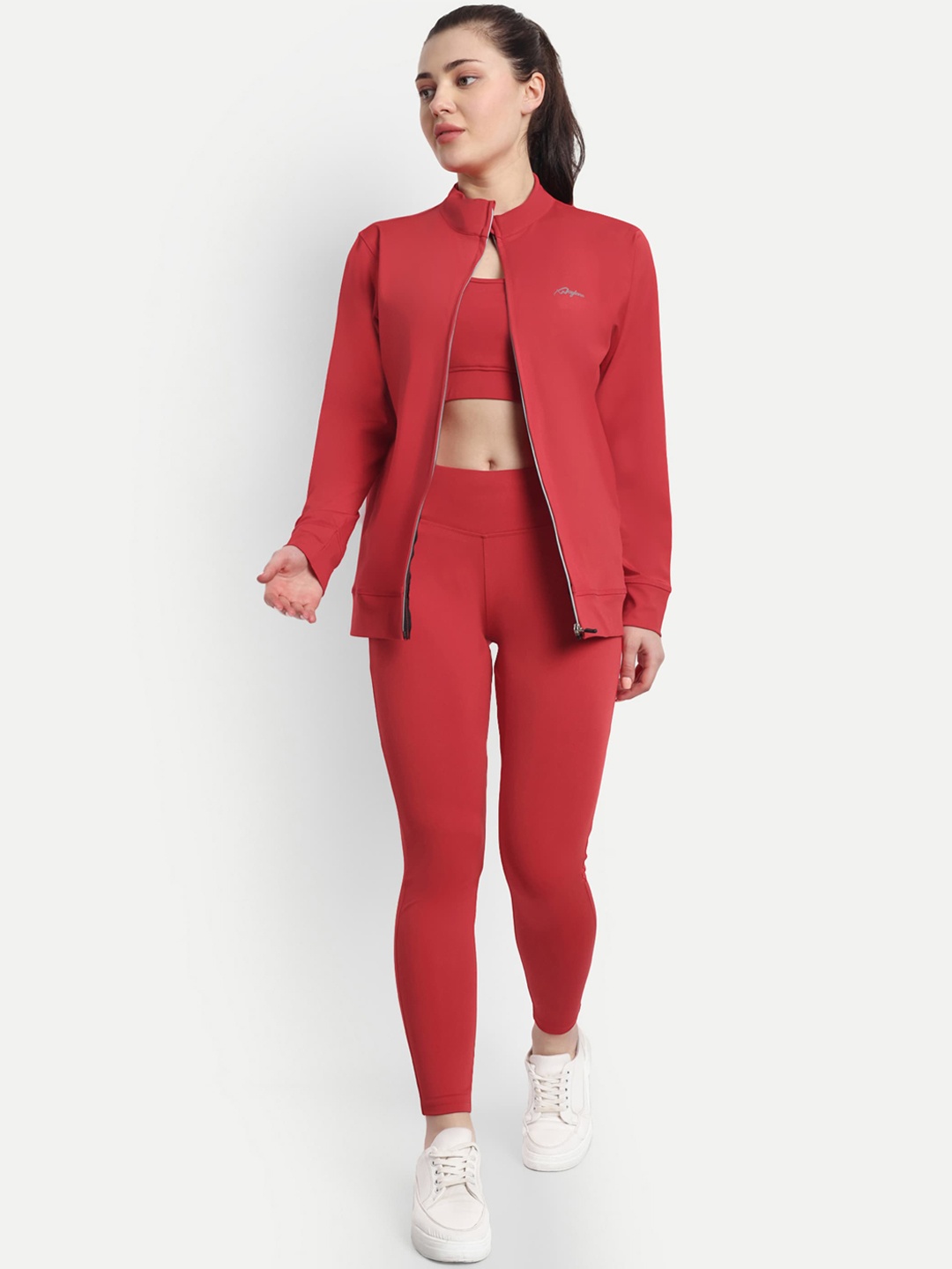 

WAYLENE Mock Collar Sporta Bra Jacket & Tights, Red