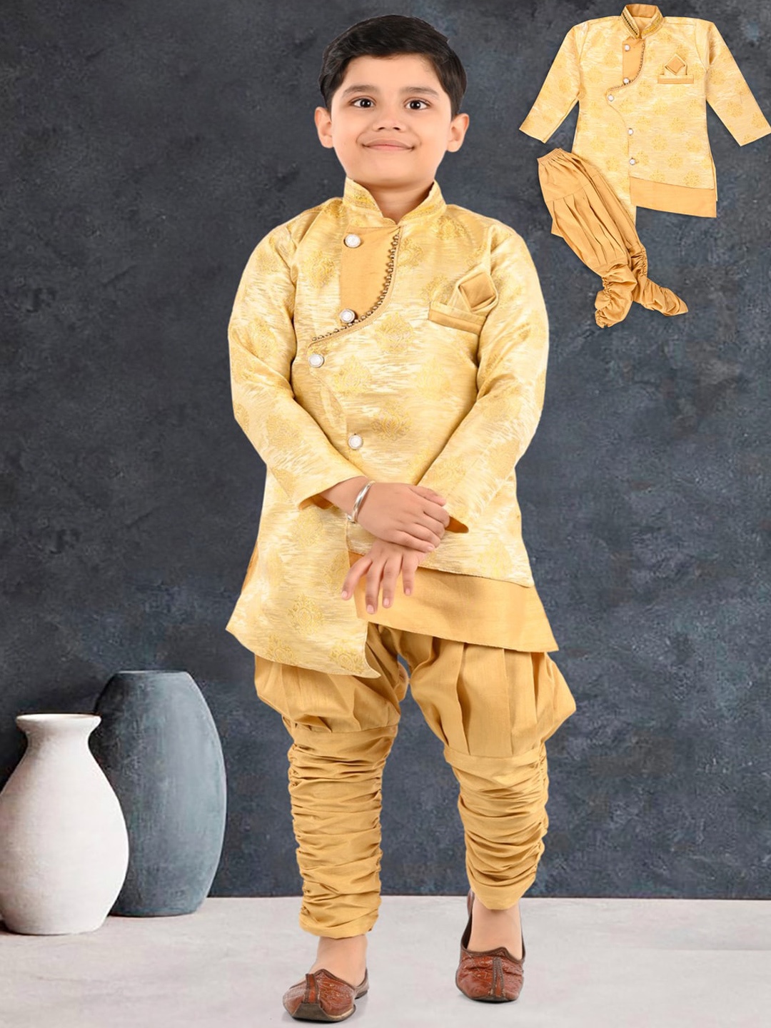 

BAESD Boys Ethnic Motif Self Design Mandarin Collar Long Sleeves Kurta with Dhoti Pants, Yellow