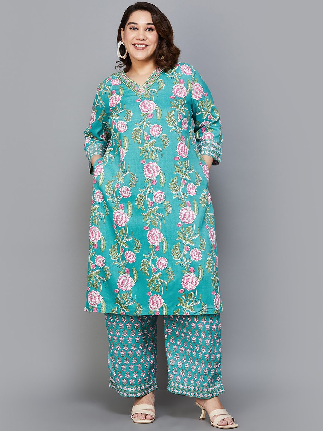 

Moiree by Lifestyle Plus size Floral Printed Regular Kurta with Pyjamas, Teal