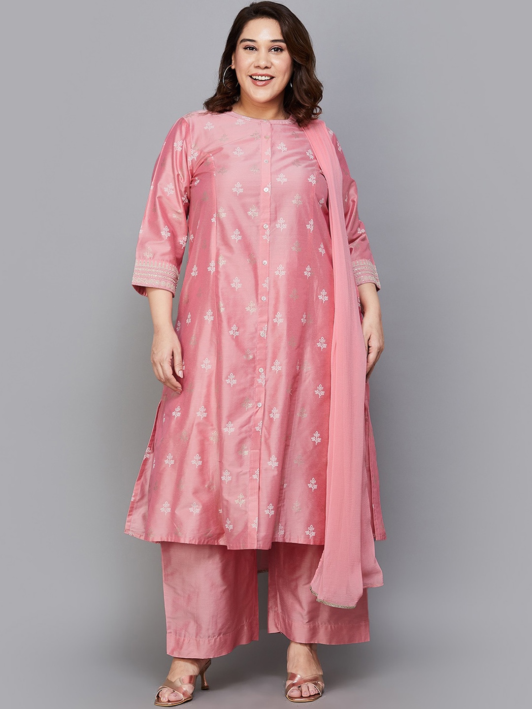 Moiree by Lifestyle Plus Size Floral Printed Regular Kurta with Palazzos & With Dupatta, Pink