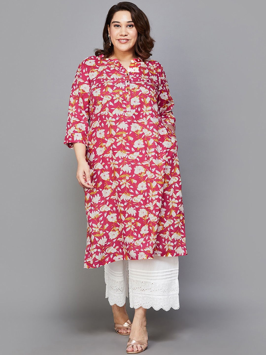 

Moiree by Lifestyle Plus Size Floral Printed Mandarin Collar Kurta, Pink