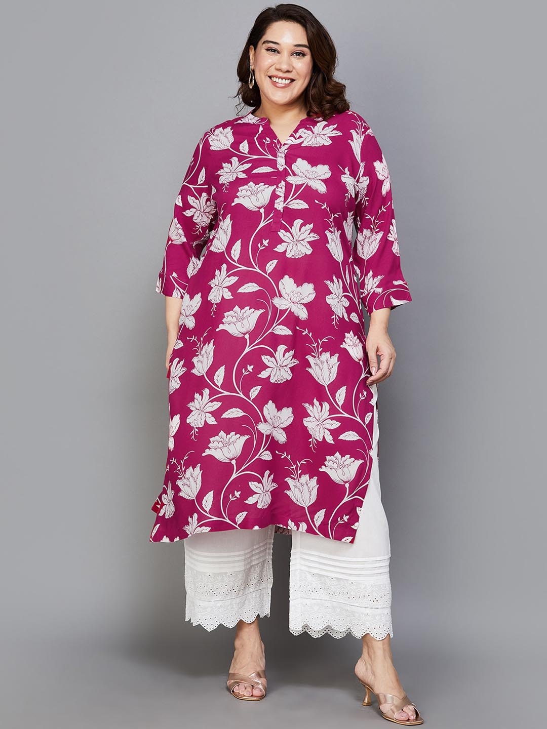 

Moiree by Lifestyle Plus Size Floral Printed Mandarin Collar Kurta, Pink