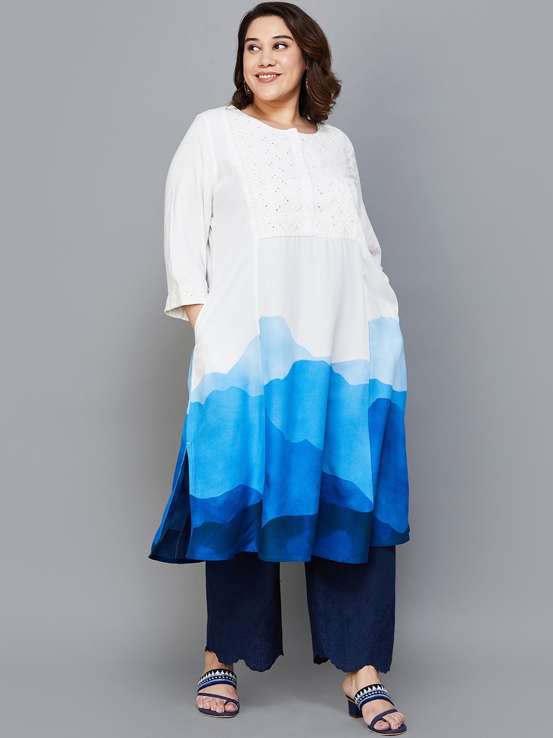 

Moiree by Lifestyle Plus Size Dyed Round Neck Flared Sleeves Sequinned Kurta, Blue