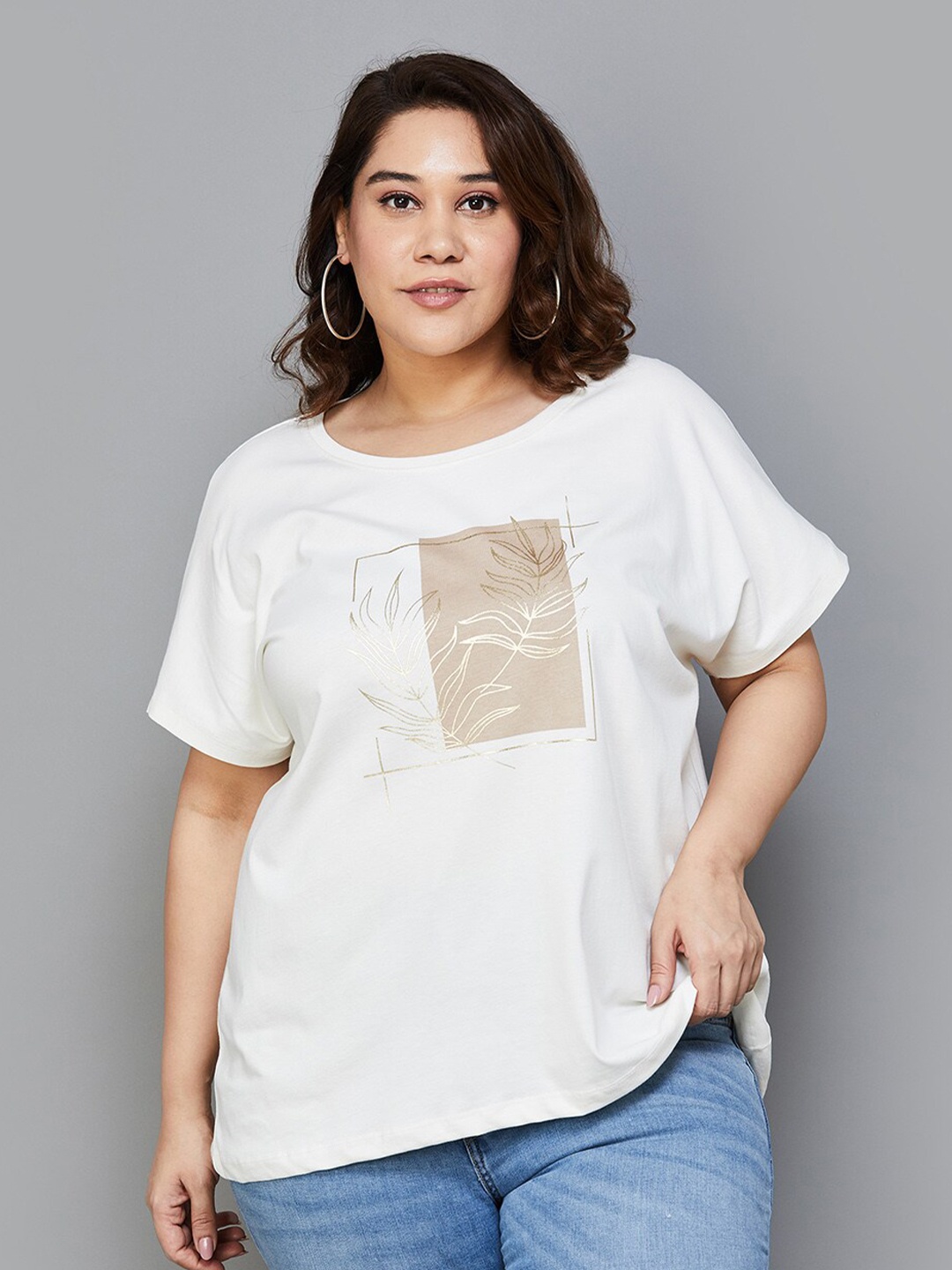 

Nexus by Lifestyle Graphic Printed Cotton Round Neck Plus Size Top, Off white
