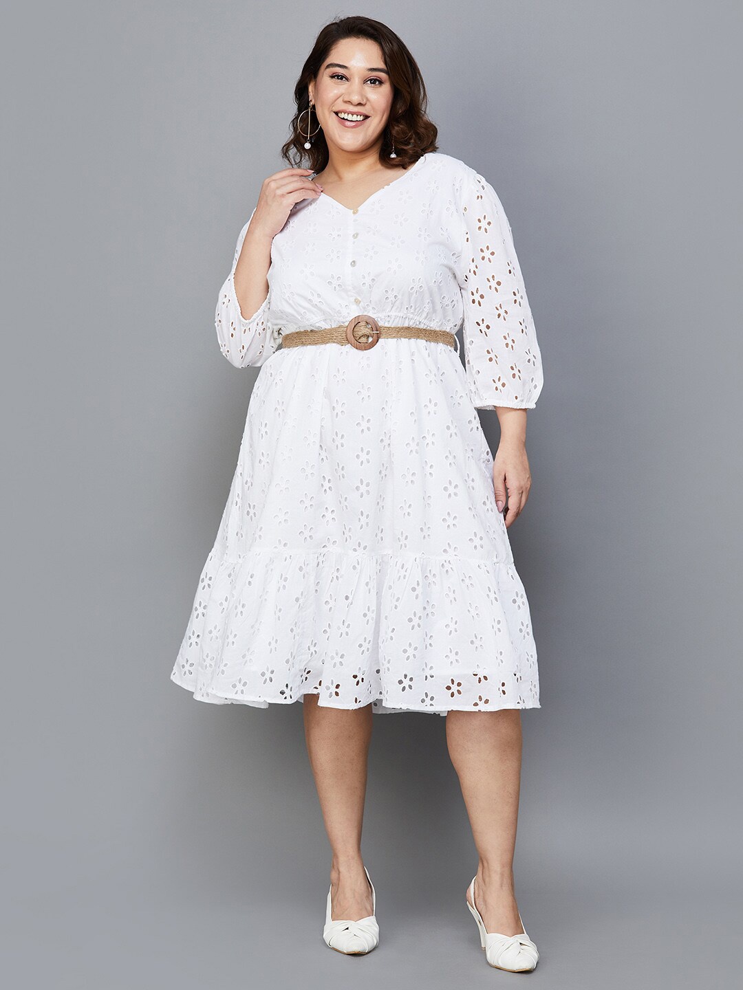 

Nexus by Lifestyle V Neck Puff Sleeve Fit & Flare Plus Size Dress, Off white