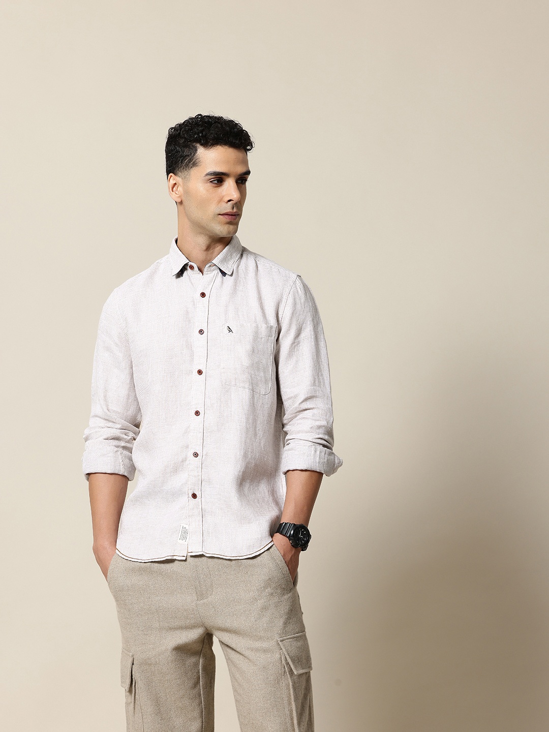 

Mr Bowerbird Men Premium Tailored Fit Linen Houndstooth Gingham Shirt, Beige