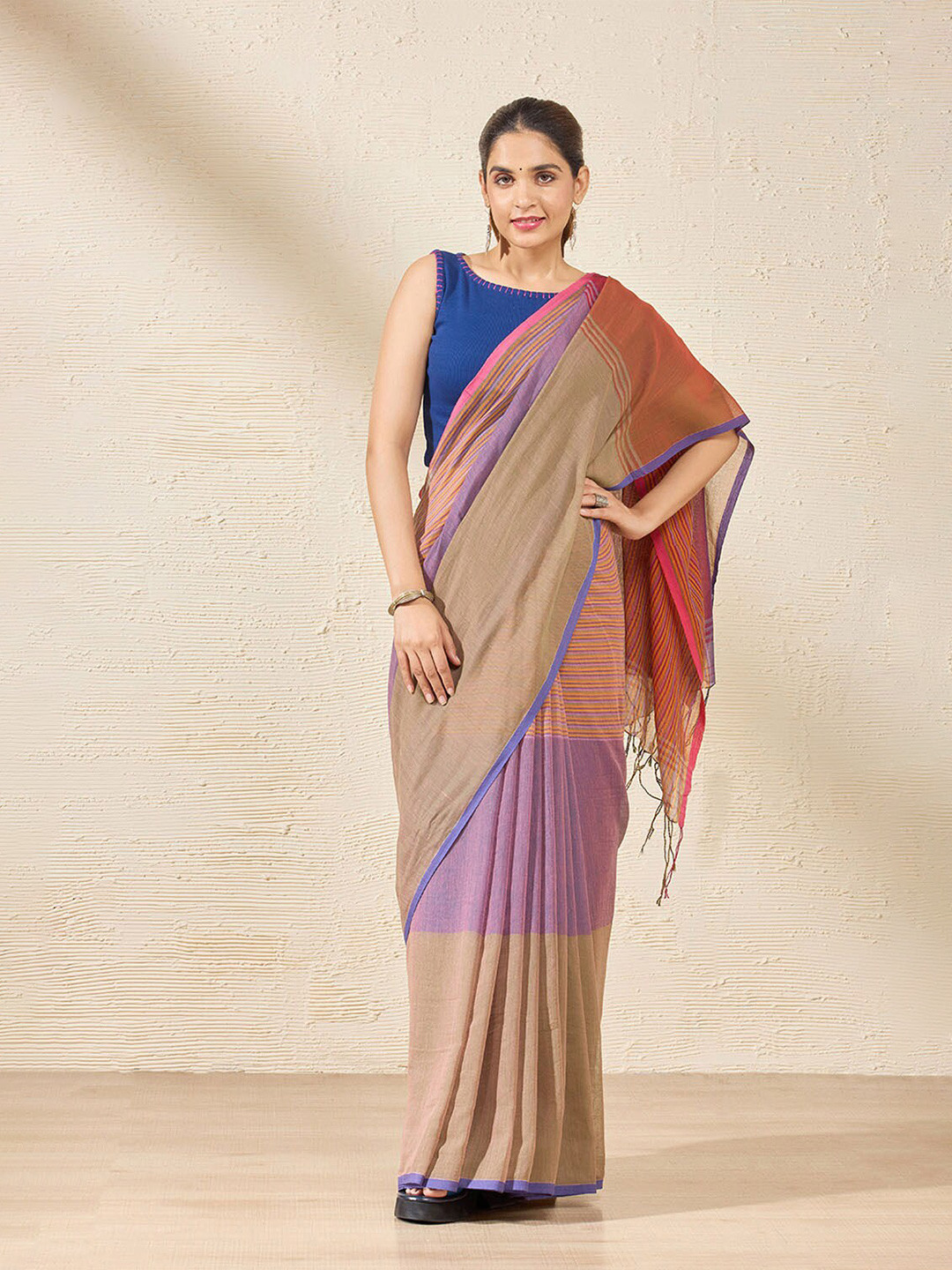 

Taneira Striped Pure Cotton Saree, Pink