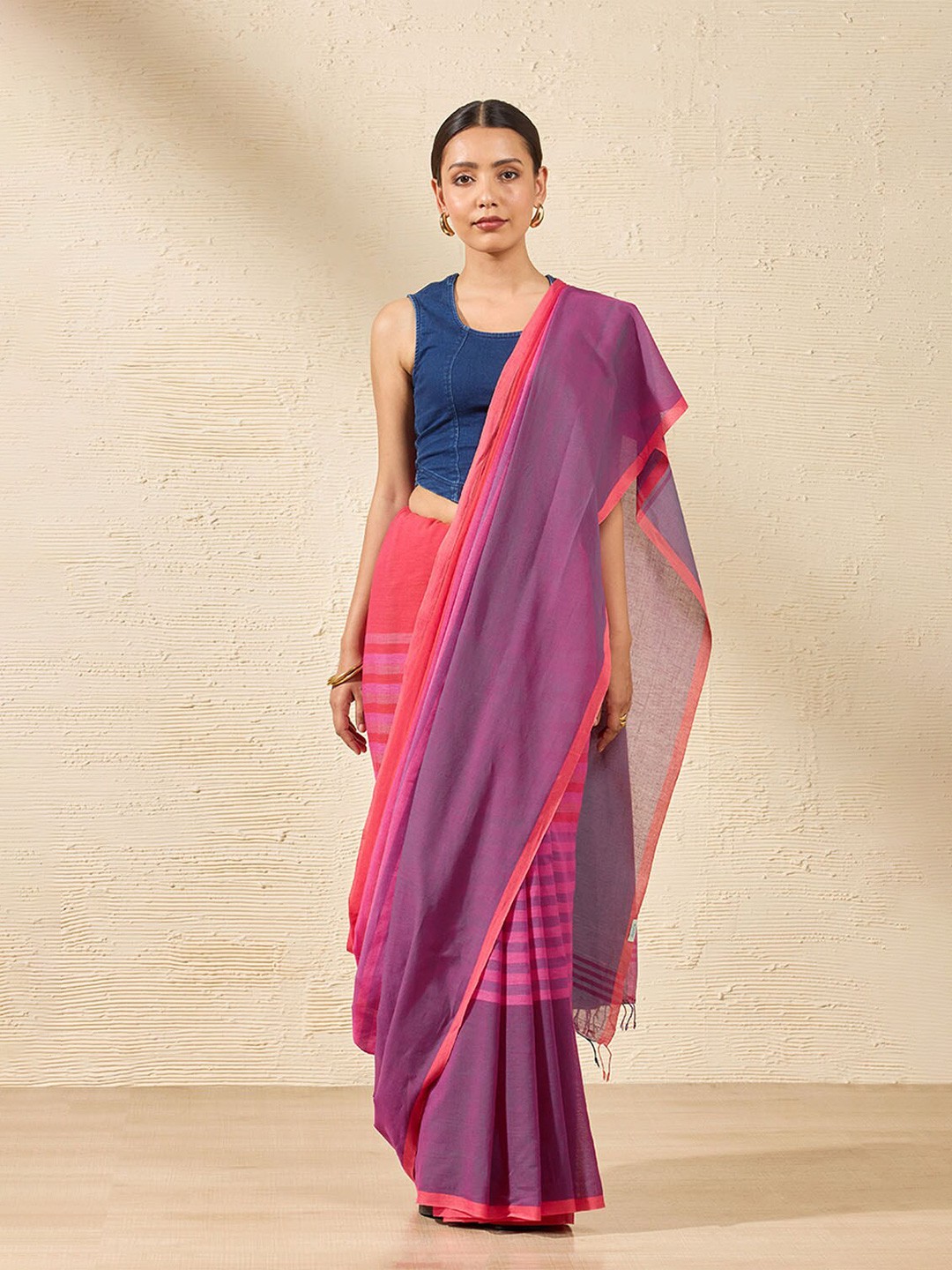 

Taneira Striped Pure Cotton Saree, Orange