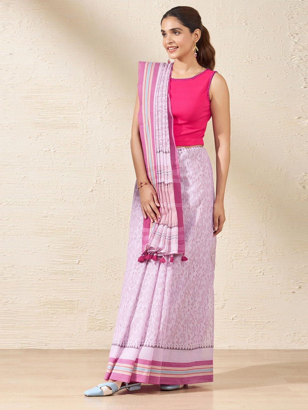 

Taneira Woven Design Pure Cotton Saree with Tassels, Pink