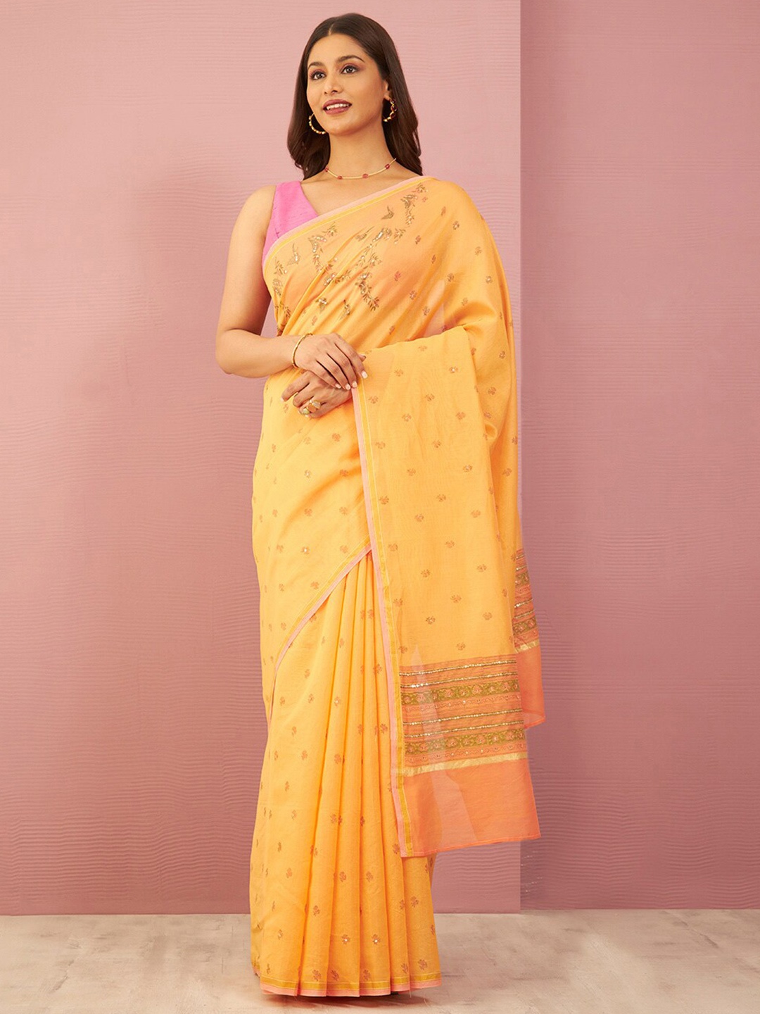 

Taneira Floral Sequinned Silk Cotton Saree, Orange