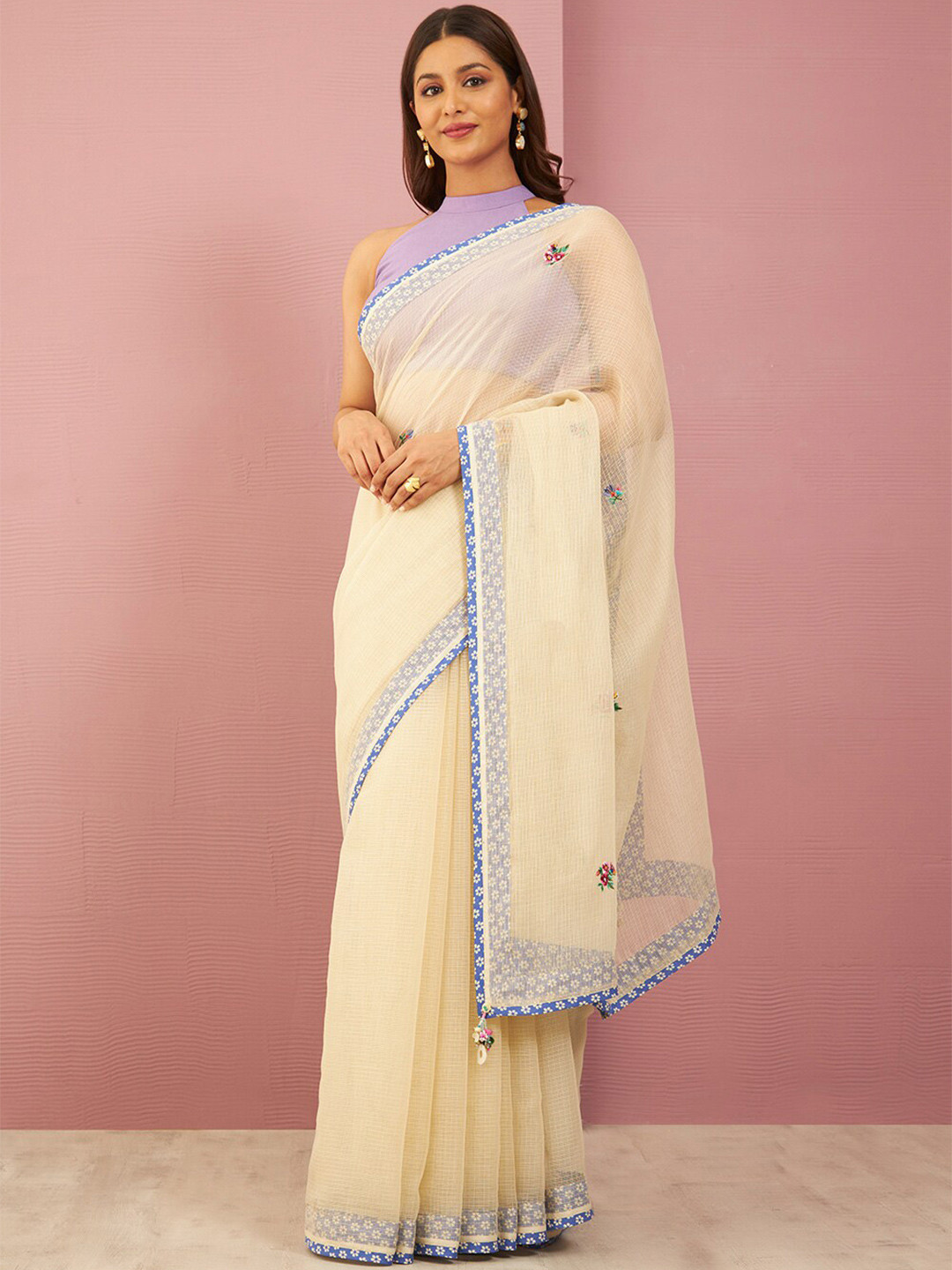 

Taneira Floral Embroidered Saree with Tassels, Beige