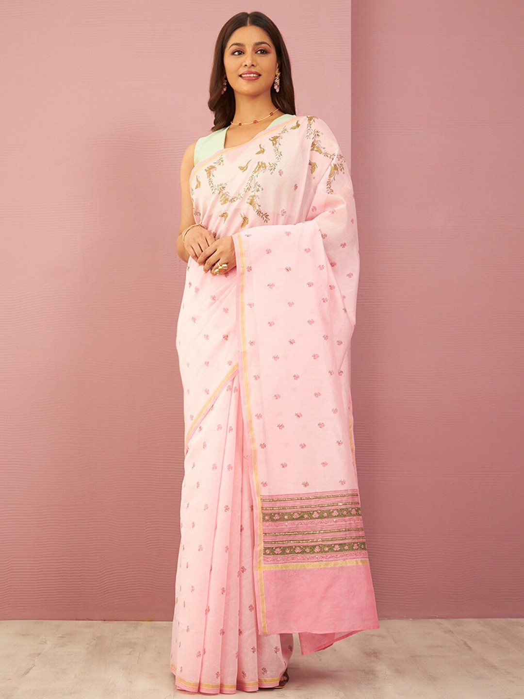 

Taneira Floral Sequinned Silk Cotton Saree, Pink