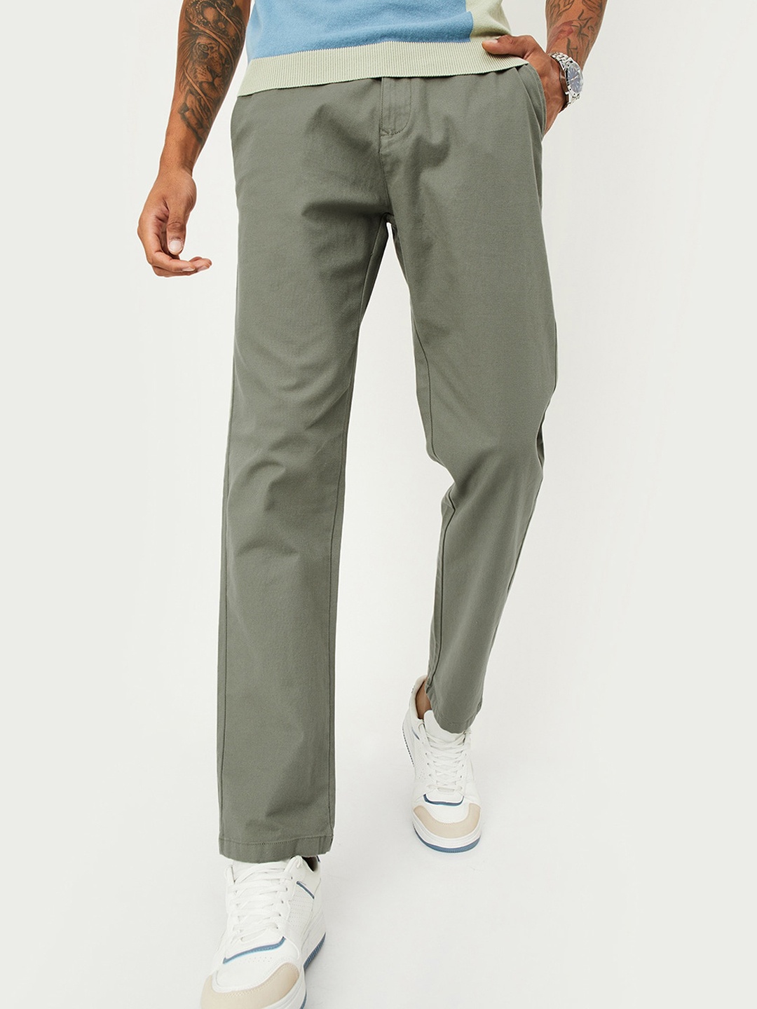 

max Men Mid-Rise Regular Fit Cotton Chinos Trousers, Olive