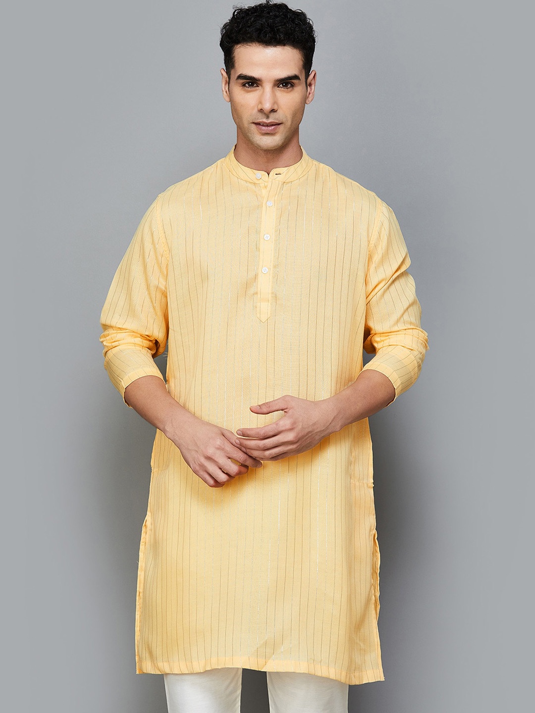 

Melange by Lifestyle Striped Gotta Patti Cotton Mandarin Collar Straight Kurta, Yellow