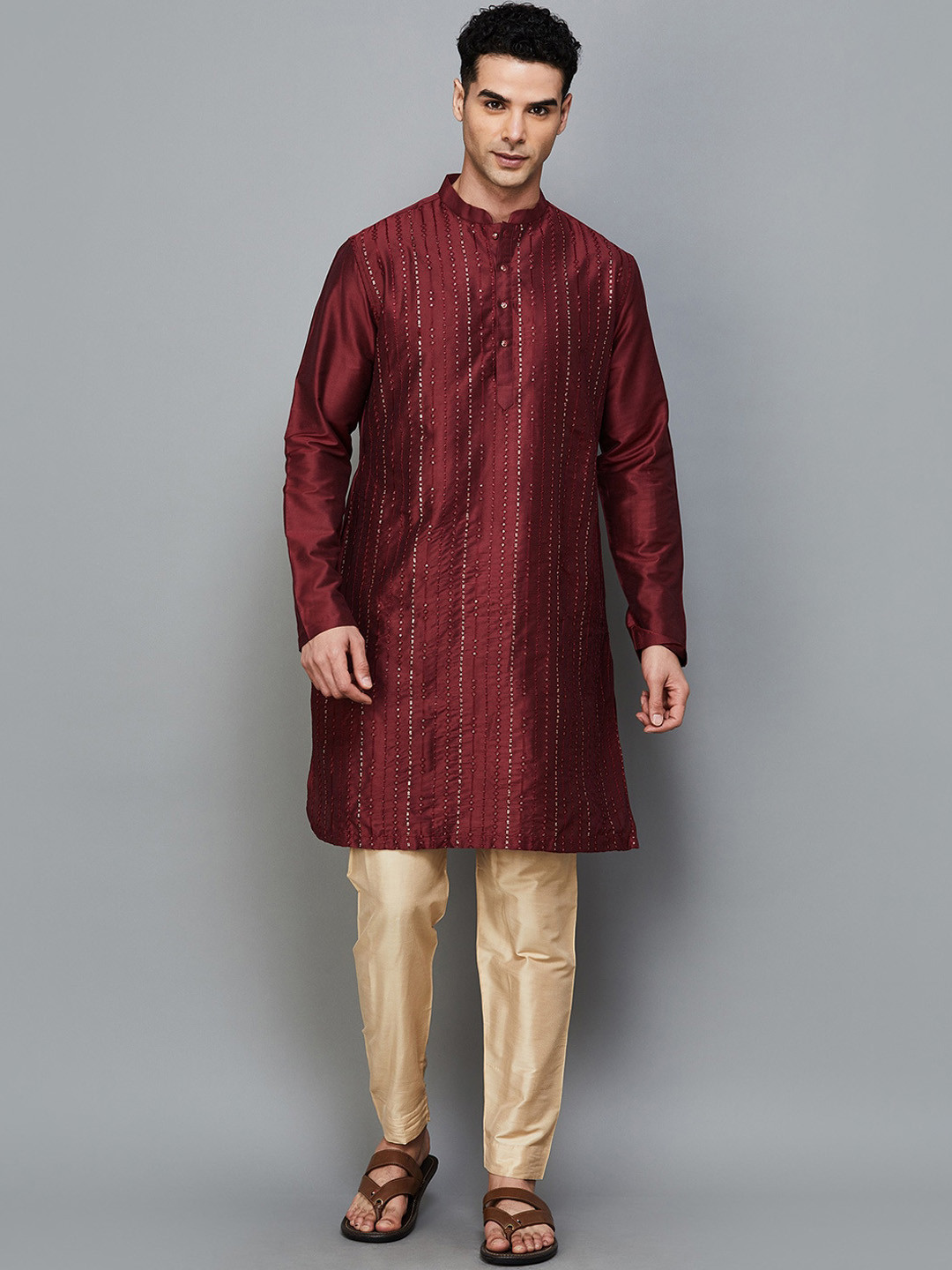 

Melange by Lifestyle Striped Regular Sequinned Straight Kurta with Pyjamas, Red