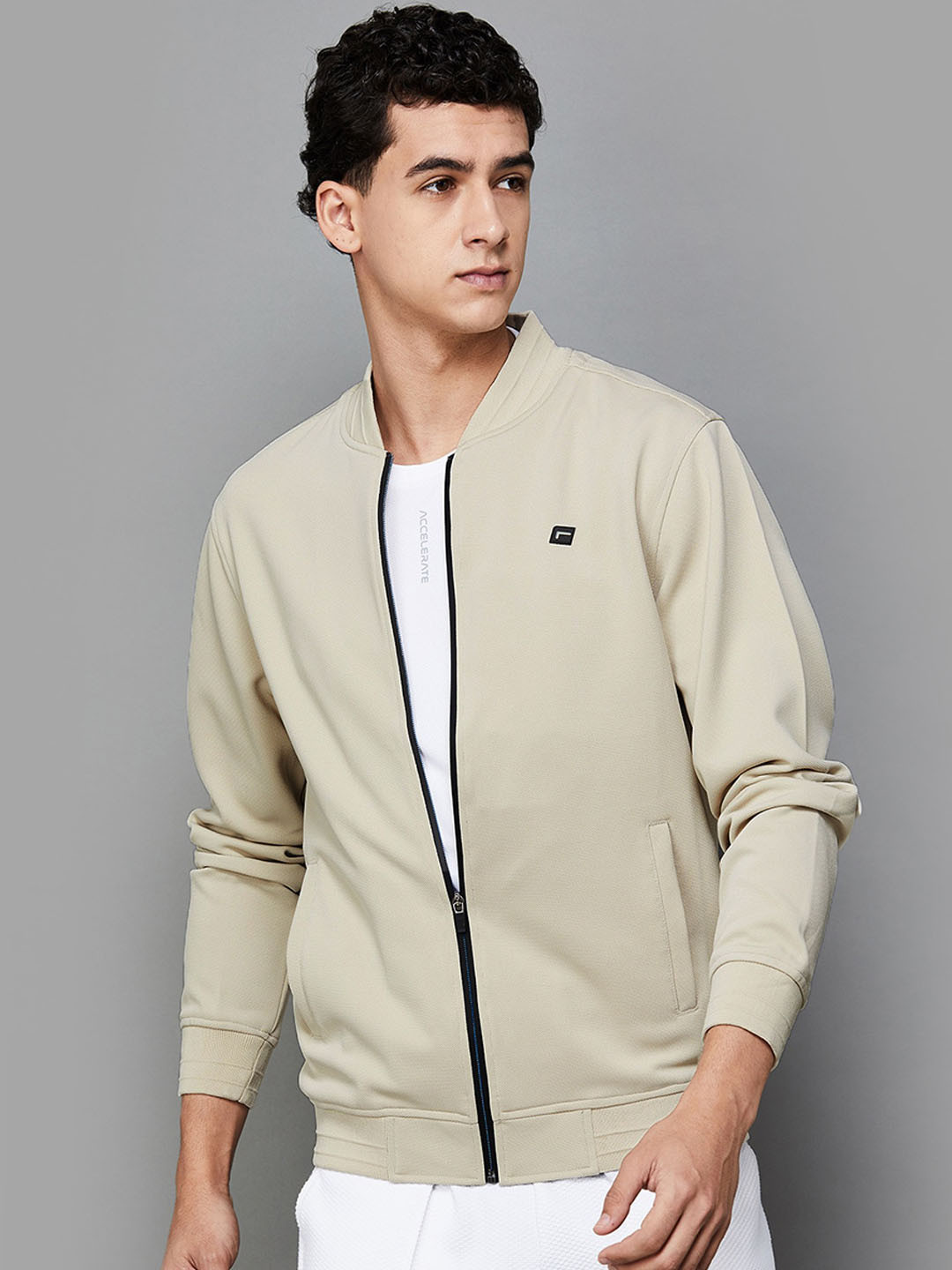 

Fame Forever by Lifestyle Stand Collar Bomber Jacket, Beige
