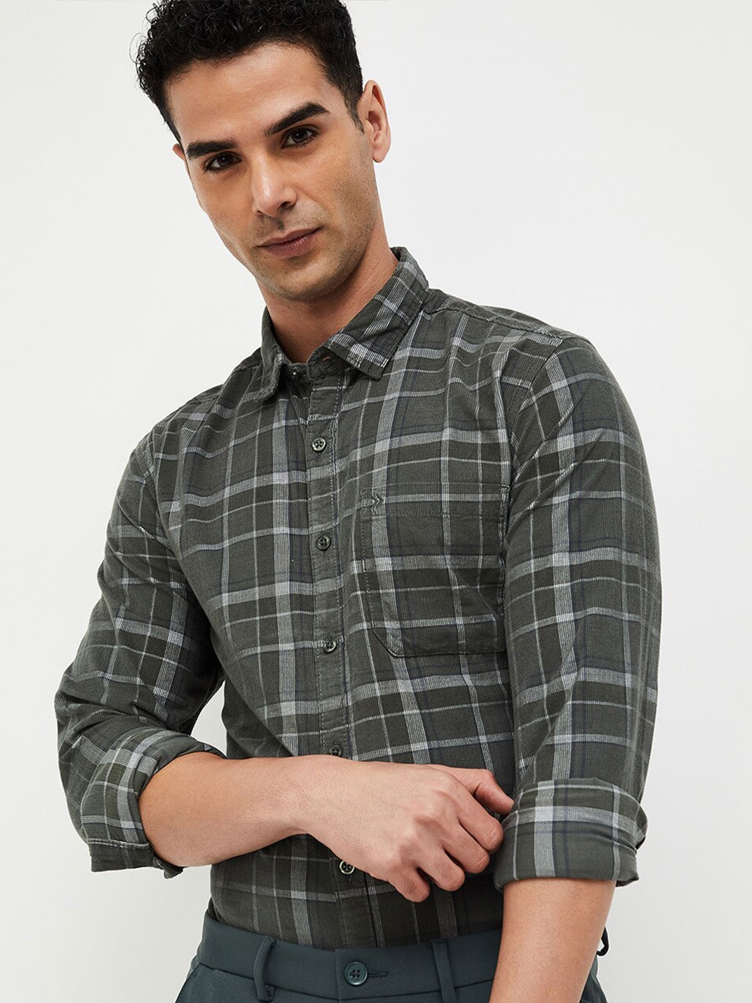 

CODE by Lifestyle Slim Fit Tartan Checked Cotton Casual Shirt, Olive