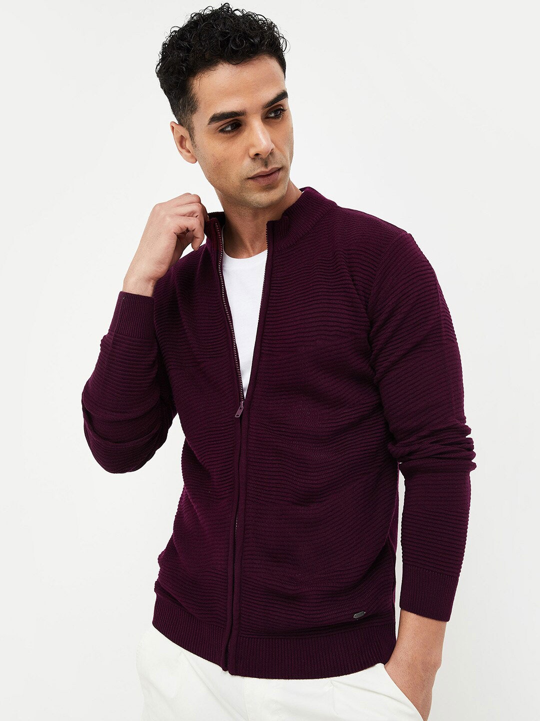 

CODE by Lifestyle Mandarin Collar Long Sleeves Knitted T-shirt, Purple