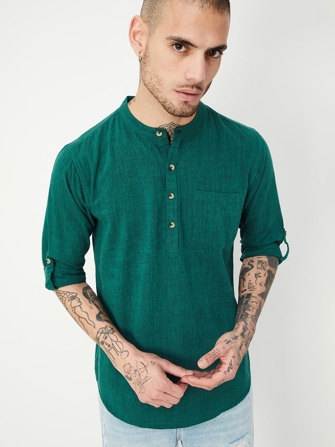 

max Mandarin Collar Roll-Up Sleeves Straight Pure Cotton Short Kurta, Green