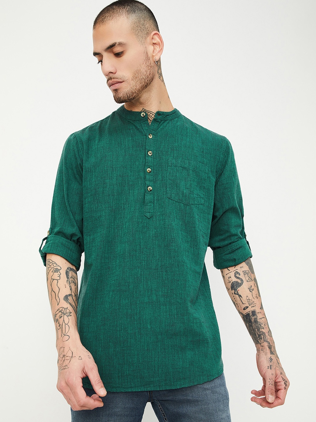 

max Mandarin Collar Roll-Up Sleeves Cotton Kurta, Green