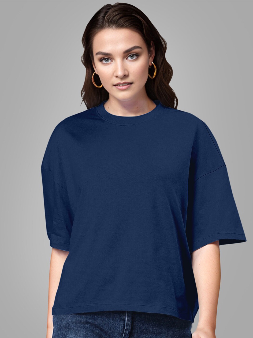 

Huetrap Drop-Shoulder Sleeves Round Neck Cotton Boxy T-shirt, Navy blue