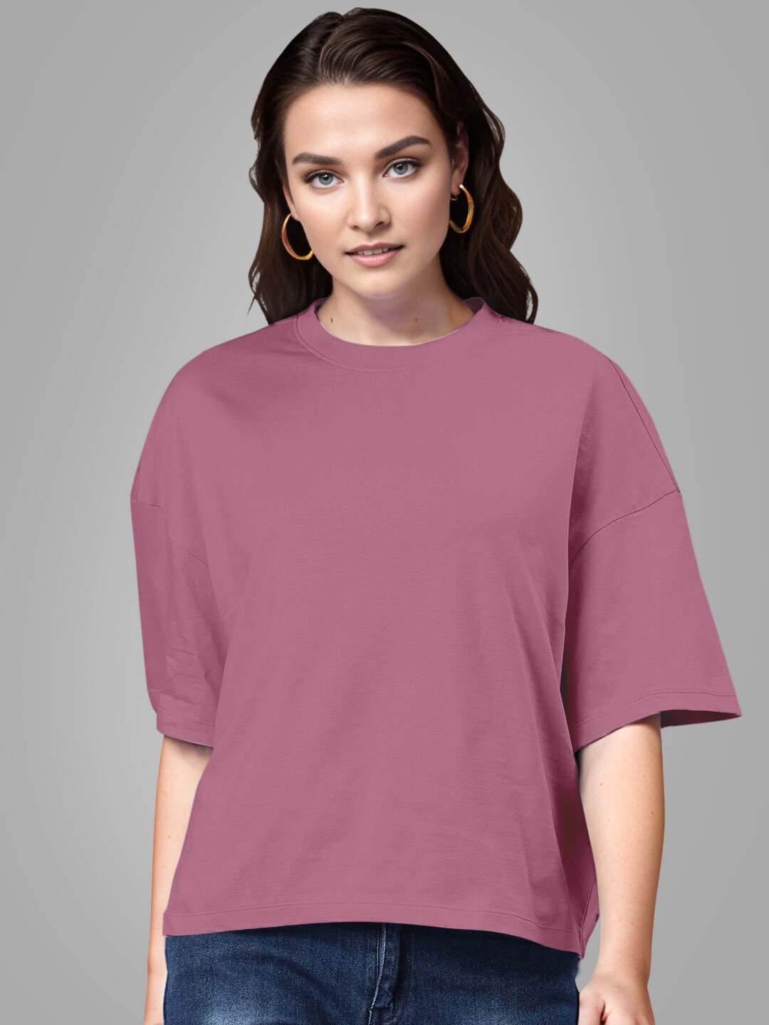 

Huetrap Drop-Shoulder Sleeves Round Neck Cotton Boxy T-shirt, Maroon