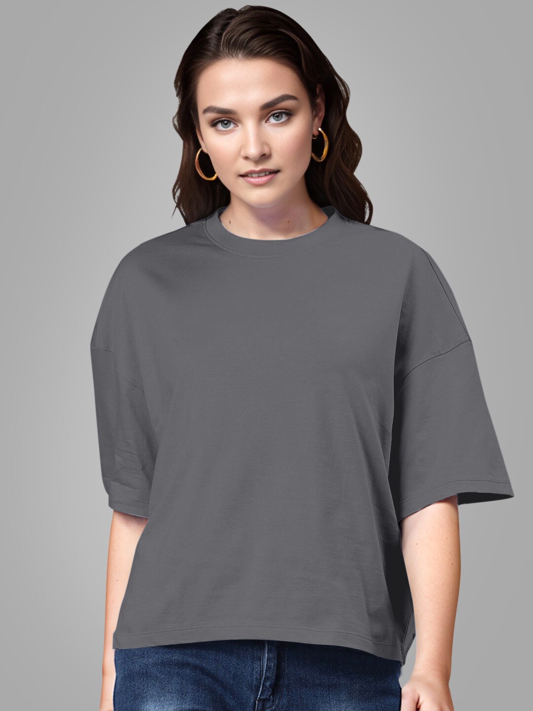 

Huetrap Drop-Shoulder Sleeves Round Neck Cotton Boxy T-shirt, Charcoal