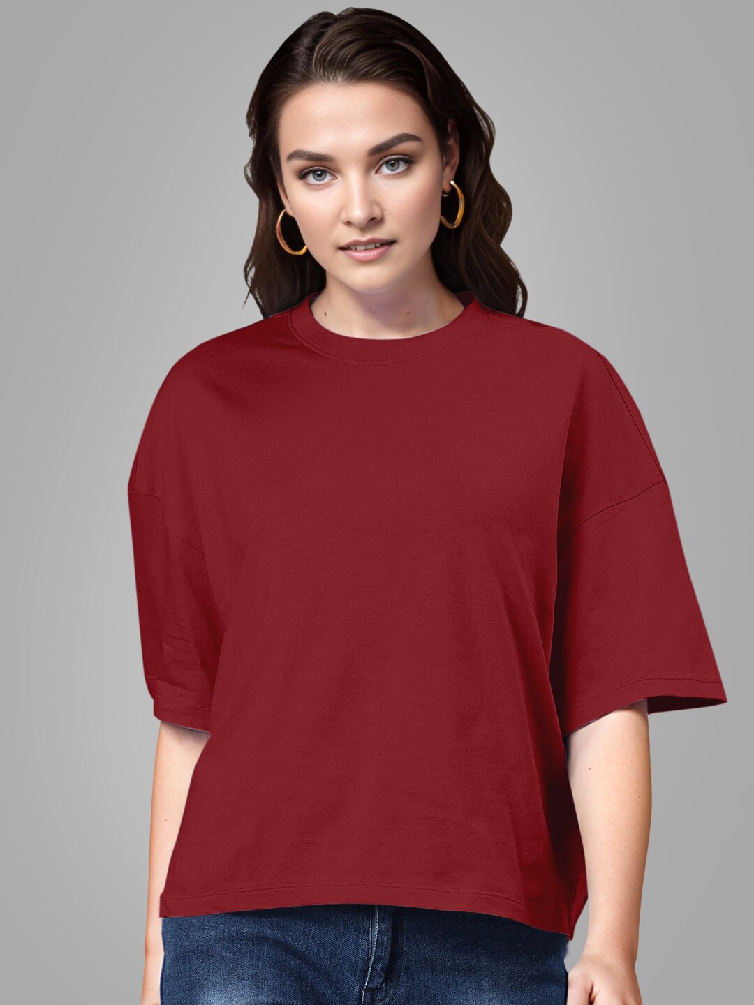 

Huetrap Drop-Shoulder Sleeves Round Neck Cotton Boxy T-shirt, Red