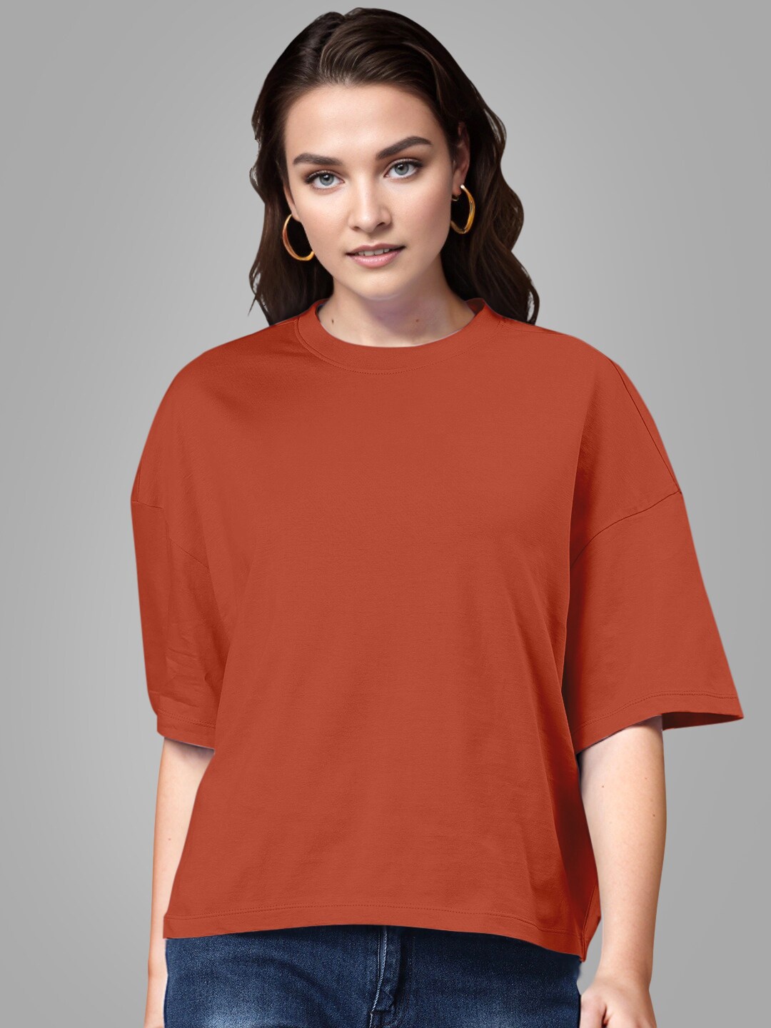 

Huetrap Drop-Shoulder Sleeves Round Neck Cotton Boxy T-shirt, Brown