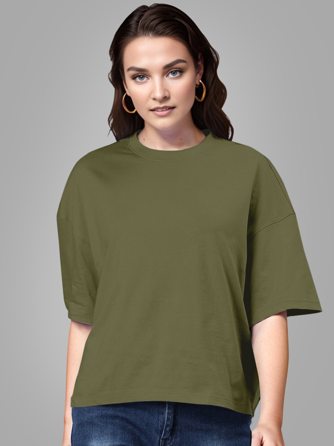 

Huetrap Drop-Shoulder Sleeves Round Neck Cotton Boxy T-shirt, Olive